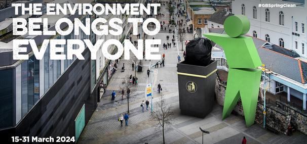 Graphic with large green human figure, taking rubbish from a bin to represent the Great British Spring Clean. Caption reads: The Environment Belongs to Everyone.