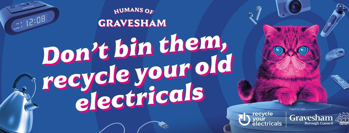 Blue banner with pink graphic and cat for the &#039;Recycle your electricals&#039; campaign.