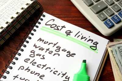 List on a notepad titled cost of living with mortgage, water, gas, electricity and phone as words in the list.