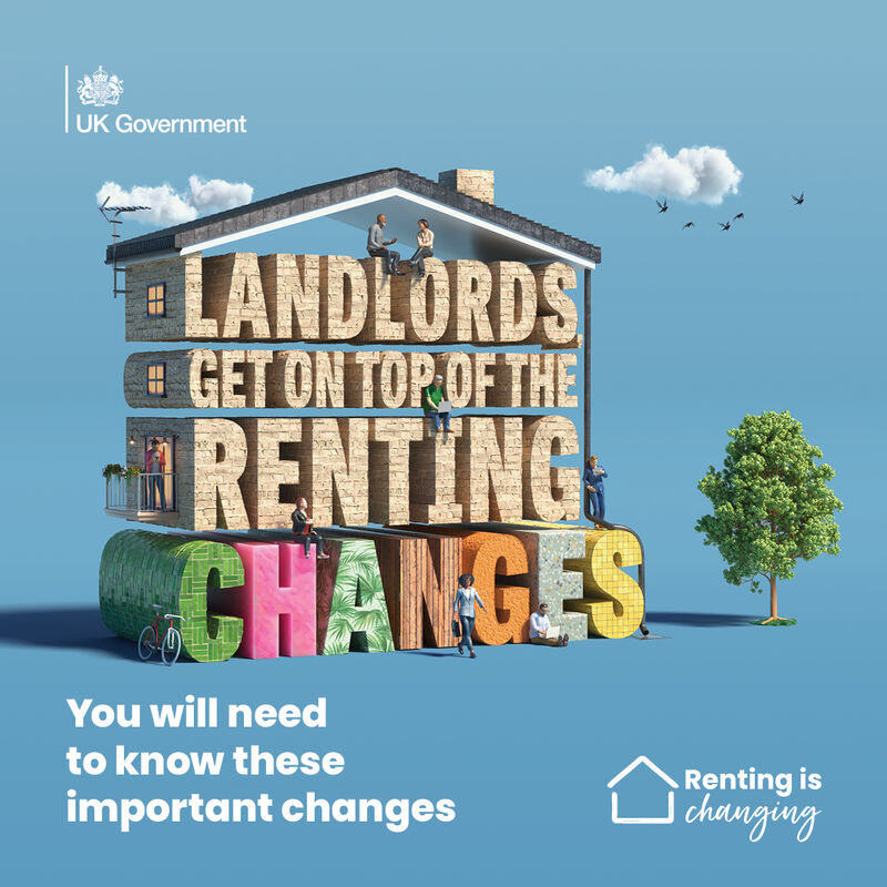 Graphic with blue background. Text in shape of a house that reads 'Landlords, get on top of the renting changes'.