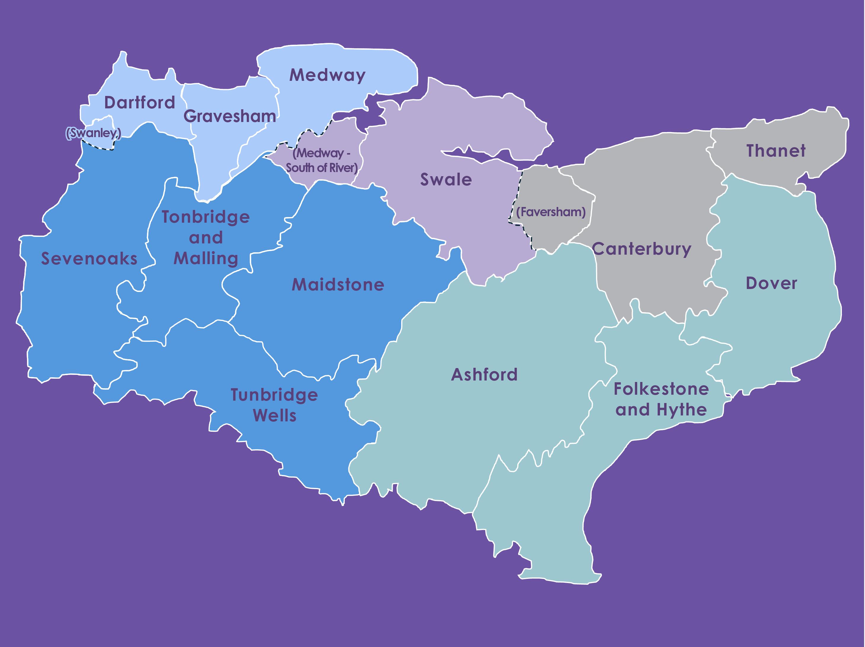 Map of Kent showing the proposal 5a which splits the county into 5 areas.