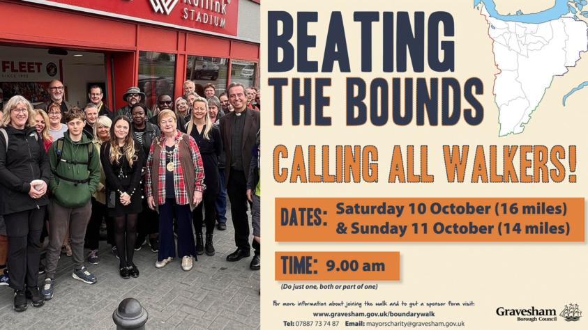 Poster of people standing outside ready to start their walk. Poster reads Beating the bounds walk.