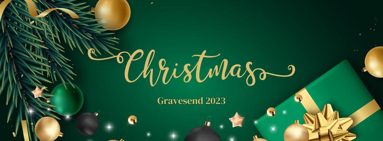 Green banner decorative for Christmas 2023 with black and gold baubles