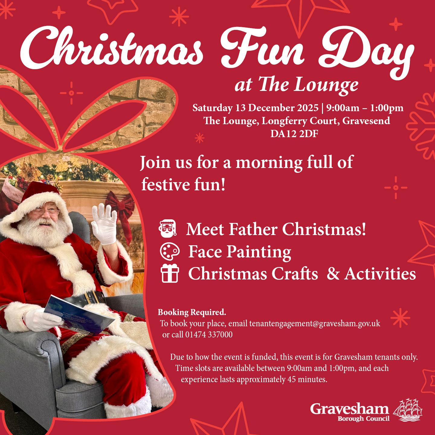 Red festive graphic showing Father Christmas waving. Text reads Christmas Fun Day