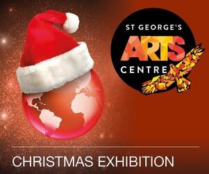 Graphic showing a red world globe with a red felt and white fur Christmas hat. Logo of St Georges Art Centre. Text reads: Christmas Exhibition