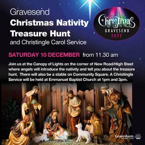 Christmas nativity graphic, text reads Christmas Nativity Tresure Hunt