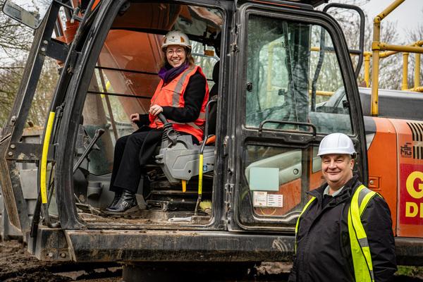 Cllr burden and osullivan at cascades in digger for start of works
