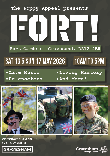 Fort event poster against green camouflage background with military themed photos of uniform and an officer.