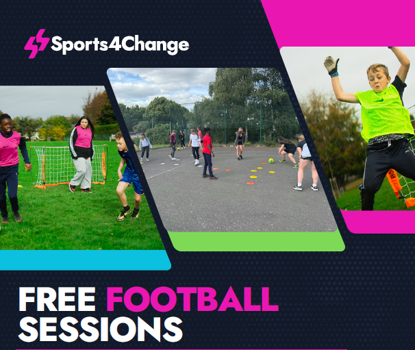 Photos of children playing sports in a field. Text reads: Free football sessions
