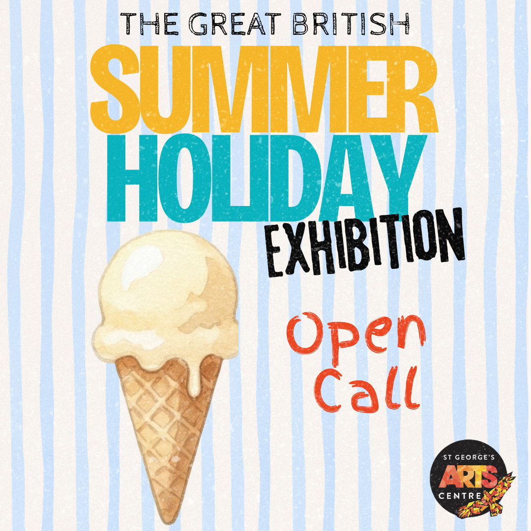 Poster with vertical pale blue and white stripes. Bold yellow and blue text reads SUMMER HOLIDAY exhibition open call. With a graphic of a ice cream cone, with cream ice cream dripping down the wafer cone.
