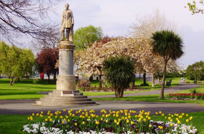 View of the gardens with yellow tulips in bloom around the statue of Gordon General