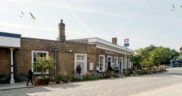 Artist impression looking at Gravesend train station with a new planted entrance.