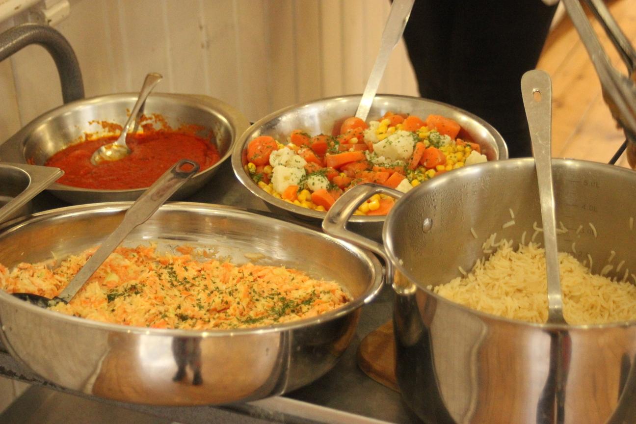 Bowls of cooked food dishes, rice, salad and sauces. 