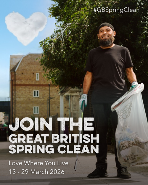 Man standing with a clear rubbish bag and a grabber for picking up litter, standing on a street with a blue sky and a heart shaped cloud. Text reads join the great british spring clean.