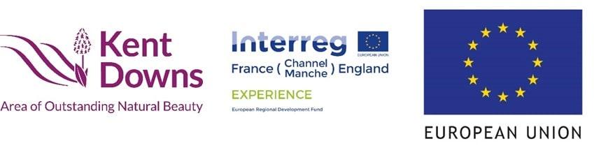 Decorative logos: Kent Downs AONB, Interreg France Experience and European Union flag. 