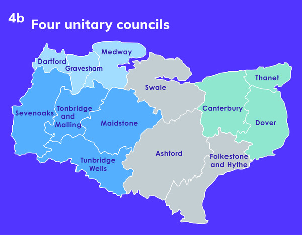 Map of Kent broken into current boundaries of areas, showing the new chosen 4 councils for local government reorganisation.