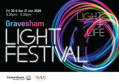 Black poster with colourful streaks of light. Text reads Gravesham Light Festival Light and Life.