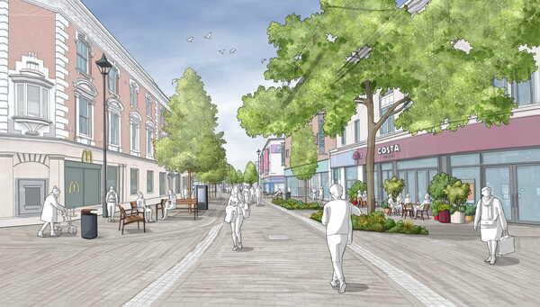 Artist impression of the junction of New Road and King Street showing Images of tree planting, lighting, seating, public spaces