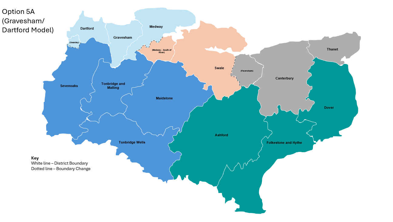 Map showing Kent split into existing and proposed new boundaries under option 5a under local government reorganisation.