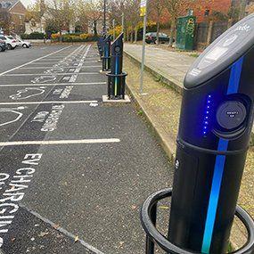 Electric car charging points in a car park