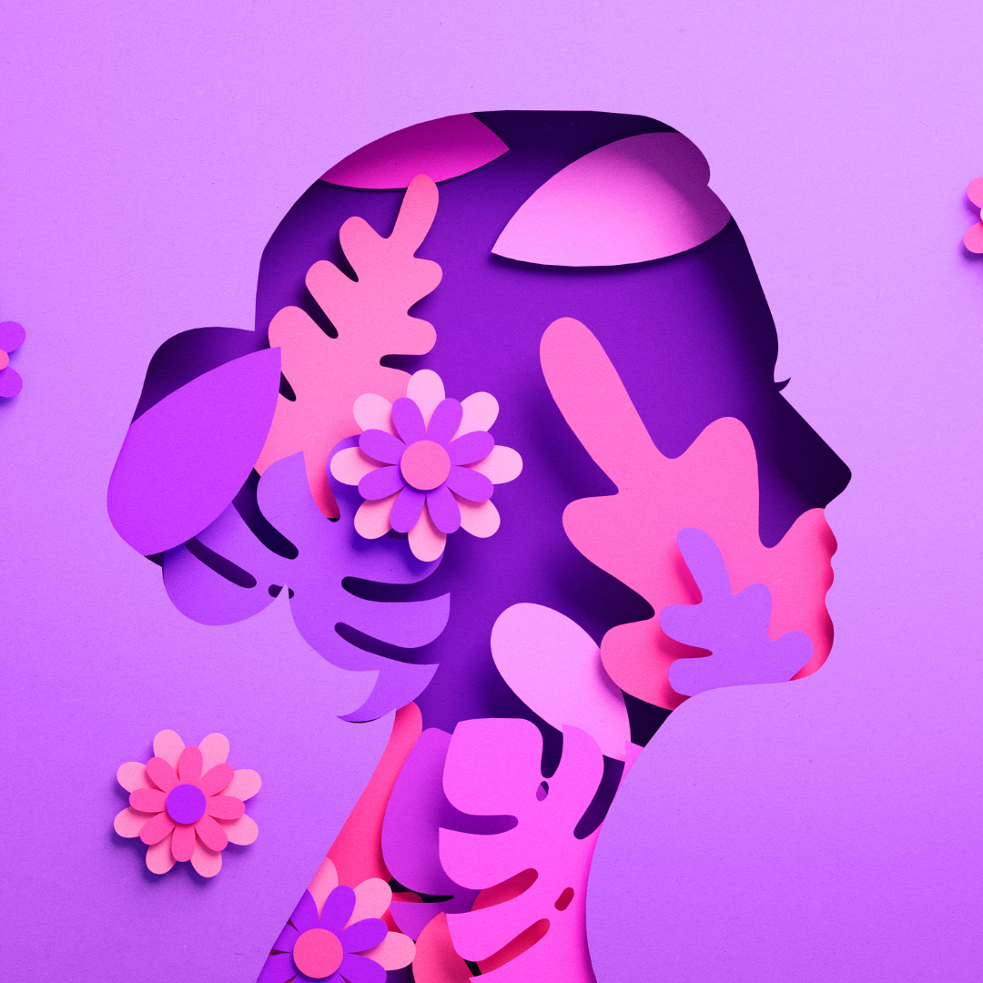 Purple and pink abstract of shapes, flowers and plants with the silhouette of a woman's portait
