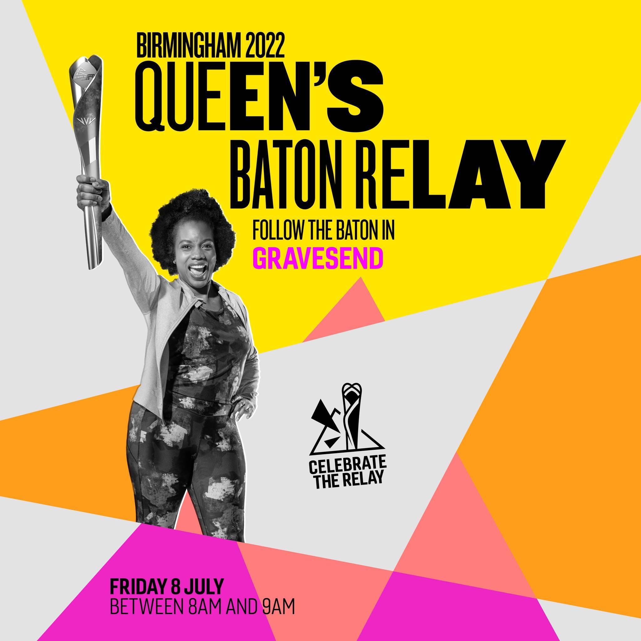 Yellow, white and orange poster reads The Queens Relay - with woman standing holding Baton in the air.