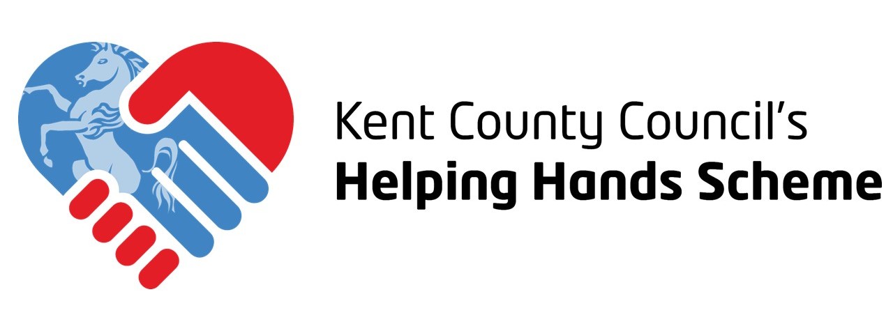 Two clip-art style hands holding which forms the shape of a heart. The text read Kent County Council's Helping Hands Scheme
