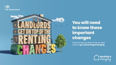 Graphic with blue background. Text in shape of a house that reads 'Landlords, get on top of the renting changes'.