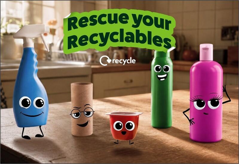 Graphic with cartoon characters from household recyclable items from bottles and containers, text reads 'reuse your recyclables'