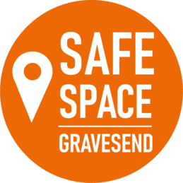 Safe Space logo, orange circle with white text 'Safe Space Gravesend'