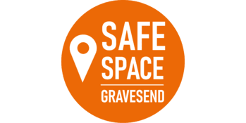 Safe Space logo, orange circle with white text 'Safe Space Gravesend'
