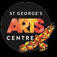 St george's arts centre logo with big bird on bottom right corner, made up of yellow red and orange shapes