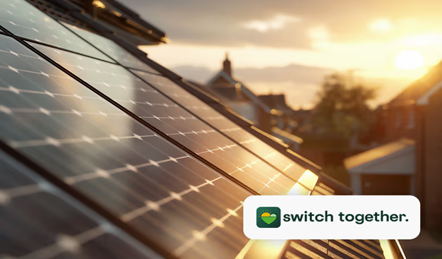 Close of photo of solar panels on a roof with sun shining. A logo in the corner with a heart reads Switch Together