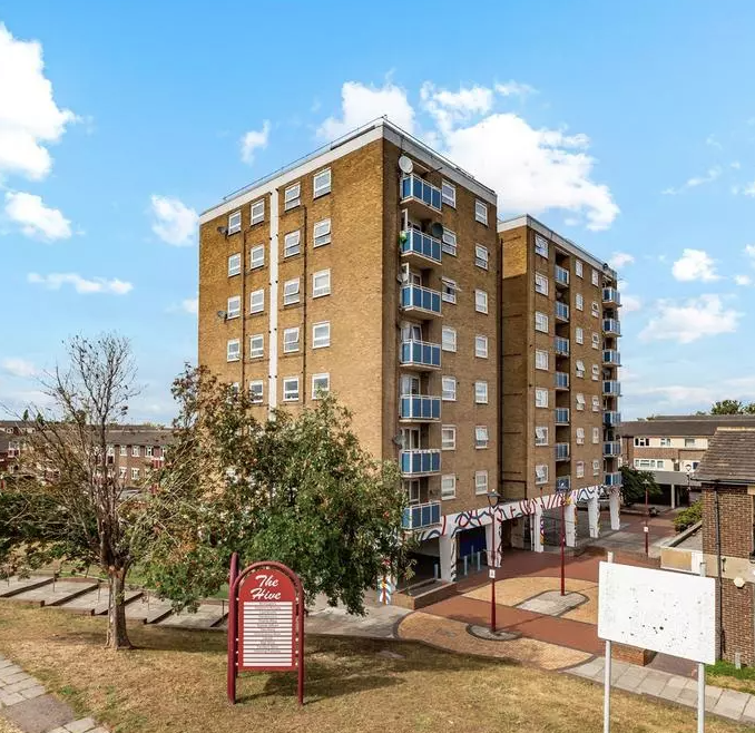 Photo looking at the Hive Housing Estate, a tower block.