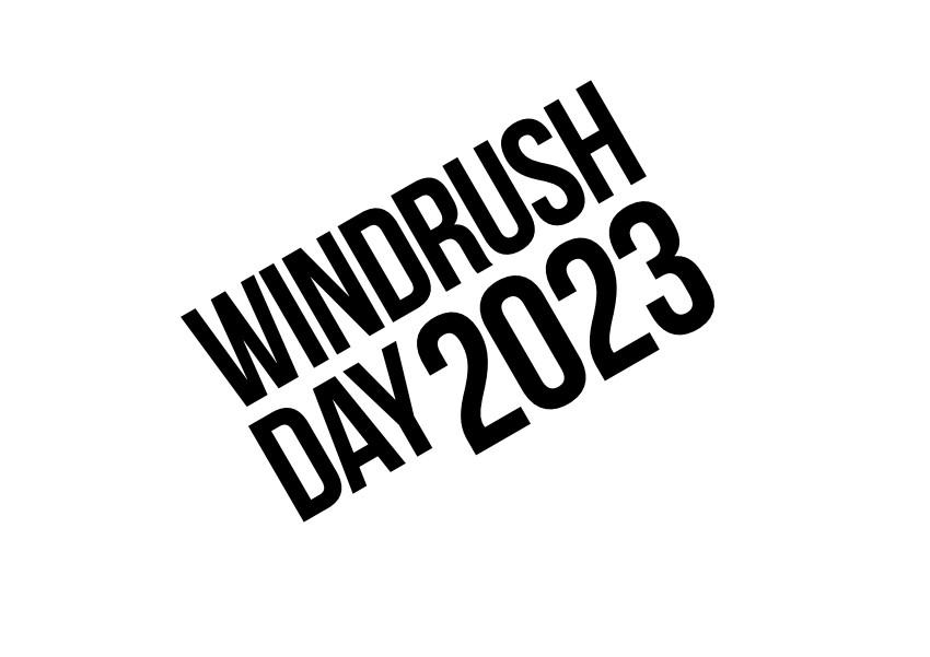 Black and white logo for Windrush Day 2023.