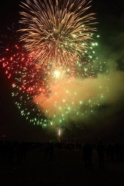 image of fireworks exploding in the night sky with colours of red, yellow and green.