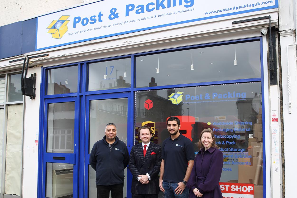 Cllr Lauren Sullivan (far right) and Tim Aker, Development Manager for the FSB, (second left) with the owners of Post and Packing, Gravesend, Jeorge Tehara (far left) and Reece Wilkinson, the first Gravesham business to enjoy free membership of the FSB.
