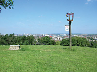 Green grass at the top of a hill with the beacon overlooking trees and gravesend town.