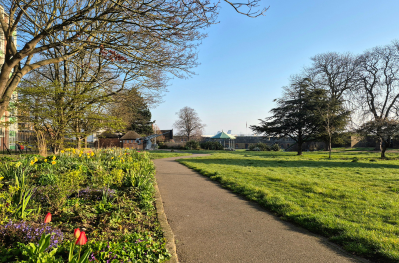 View of Fort Gardens looking towards the bandstand, showing the freshly planted flower beds.